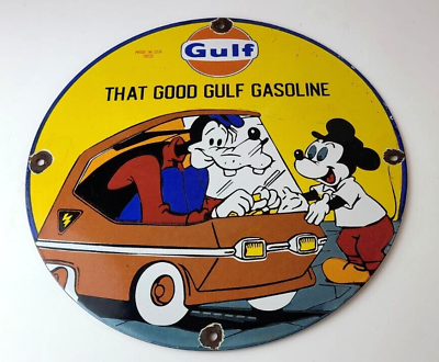 #ad Vintage Gulf Gasoline Sign Walt Disney Porcelain Sign Gas Pump Station Sign $145.47