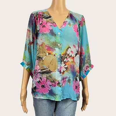 #ad Figueroa amp; Flower LARGE Sheer Floral Stripe Button Up 3 4 Sleeve Blouse Shirt $28.00