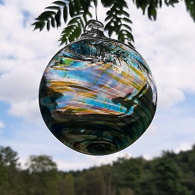#ad Hanging Glass Ball 4quot; Diameter Clear With Yellow Aqua Purple Swirls #1 $17.00