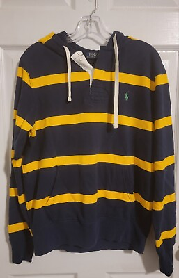 #ad Polo Ralph Lauren Hoodie Mens M Blue Yellow Stripes Rugby Thermal Hood Pullover $36.99