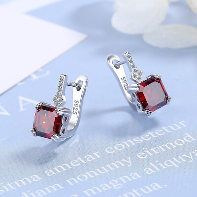 #ad Women 925 Sterling Silver Red square zircon earrings hoop huggie charm jewelry $3.39