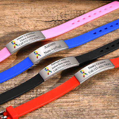#ad Free Personalized Autism ID Bracelets for Teens Girls Boys Soft Silicone $8.79