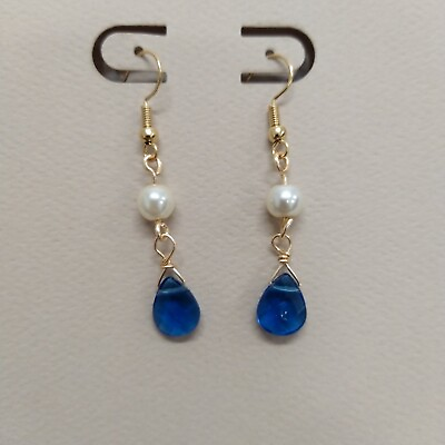 #ad Yellow Gold Blue White Pearl Earrings Womens Dangle Drop Earrings Ladies $7.95