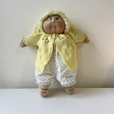 #ad Vintage Cabbage Patch Kid Yellow Outfit YELLOW SWEATER Floral Romper Blonde Hair $18.00