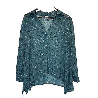 #ad CABI XS Top Sheer Floral Teal Green Long Sleeve Oversized Relaxed 3761 Blouse $31.00