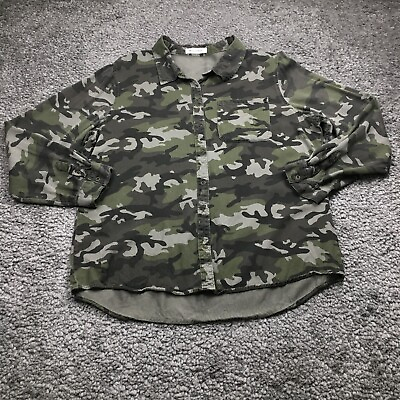 #ad Love Crazy Womens Button up Shirt Sz 1XL Green Camouflage Print Long Sleeve $8.24