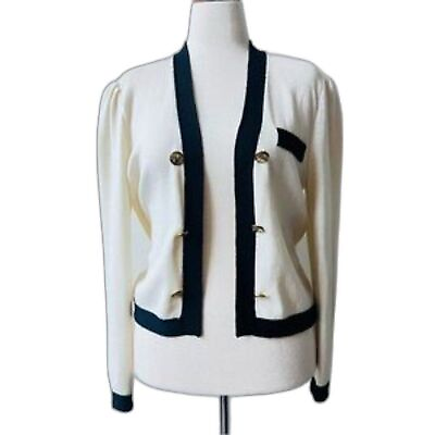 #ad St. John V Neck Puff Sleeve Ivory contrast Gold button Open Front cardigan $135.00