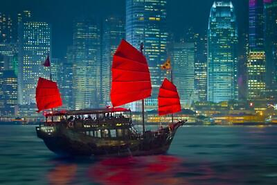 #ad Hong Kong Water Taxi With Read Sails At Night Photo Laminated Poster 36x24 $16.98