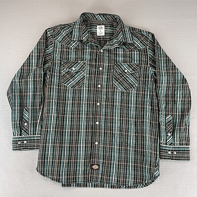 #ad Dickies Pearl Snap Style Long Sleeve Collared Shirt Large Plaid Green Brown $22.97
