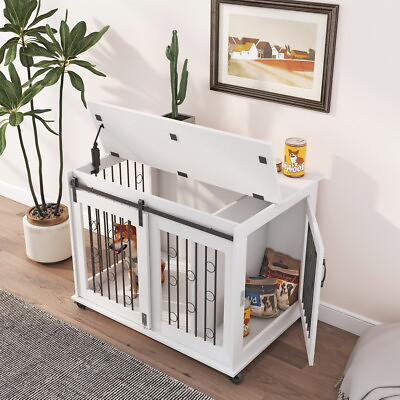 #ad WoodMetal Dog Pet Crate Cage Furniture Style with Partition for 2 Puppies White $135.99