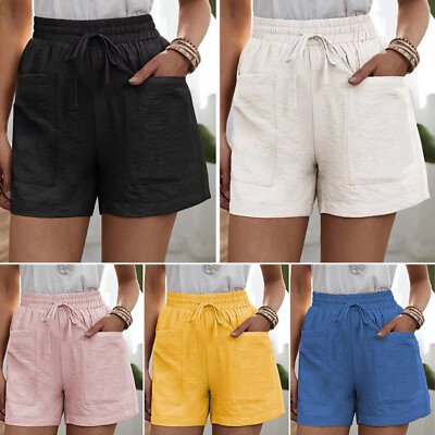 #ad Plus Beach Casual Shorts Hot Elastic Waist Solid Women#x27;s Summer Linen Pants Size $7.13