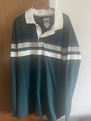 #ad VINTAGE Lands End Polo Shirt Mens 2XL XXL Green Gray White Rugby Long Sleeve $24.99