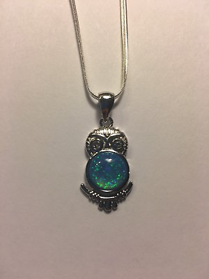 #ad Owl Blue Fire Opal Zircon Silver Gemstone 1quot; Pendant W SILVER PLATED CHAIN N7200 $9.74