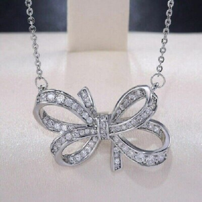 #ad 1 Ct Round Cut Simulated Diamond Bow Knot Pendant 14K White Gold Plated W Chain $247.89