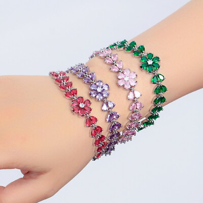 #ad Crystal Zircon Flower Chain Bracelet Silver Plated Women Wedding Brides Jewelry $9.49