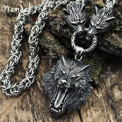 #ad MENDEL Mens 30 Inch Stainless Steel Viking Wolf Head Pendant Necklace Heavy Men $49.99