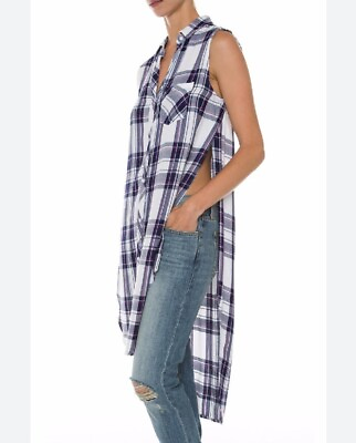 #ad Rails Sleeveless Top jordyn Long Flannel shirt collared blue plaid Womens M B8 $29.88