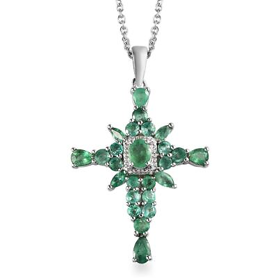 #ad Natural Zambian Emerald Holy Cross Pendant Necklace 925 Sterling Silver Jewelry $260.00