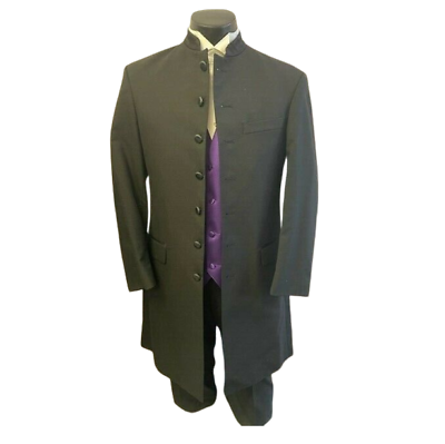 #ad Very Long Black Mandarin Chinese Nehru Collar Tuxedo Frock Duster Coat TUXXMAN $39.97