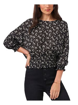 #ad VINCE CAMUTO Womens Black Smocked Floral 3 4 Sleeve Round Neck Top S $7.99