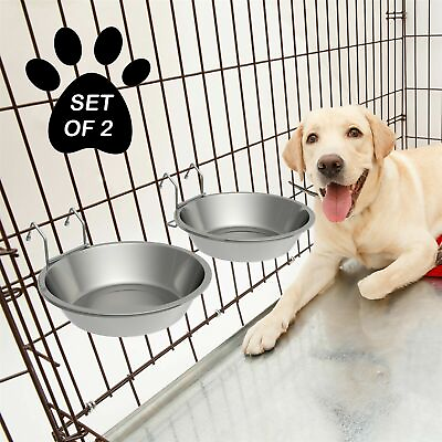 #ad #ad 2 Large Stainless Steel 48 Oz Hanging Food Water Bowls Cage Kennel Cats Dogs $19.99