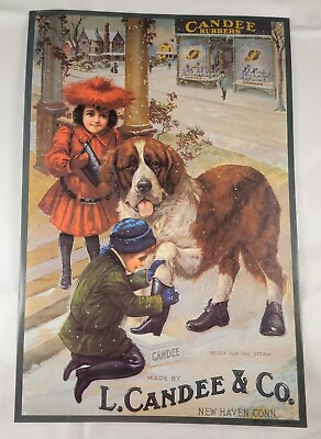 #ad Cute Vintage Candee Rubbers Sign Saint Bernard Dog Wearing Snow Boots Winter $45.00