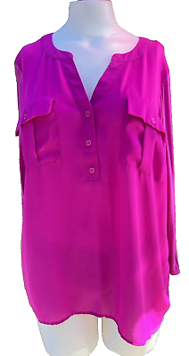 #ad INC International Concepts Top 2X Hot Pink Button V Neck Pockets Roll Tab Long S $16.00