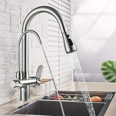 #ad Kitchen Sink Faucet Pull Down Sprayer 2 Handle 3 in 1 Water Filter Purifier Tap $65.00