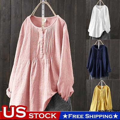 #ad Women Cotton Linen Long Sleeve T Shirt Blouse Casual Loose Tunic Tops Plus Size $20.29