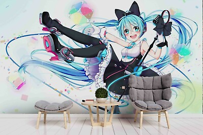 #ad 3D Anime Blue Hair Girl Self adhesive Removable Wallpaper Murals Wall AU $249.99