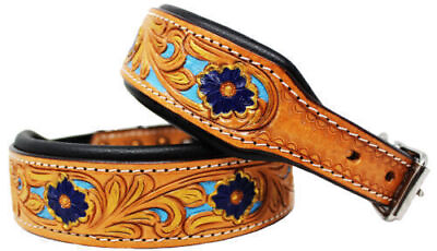 #ad Western Style Dog Collar Leather Padded Hand Made Floral Tooled Heavy Duty Set $45.99