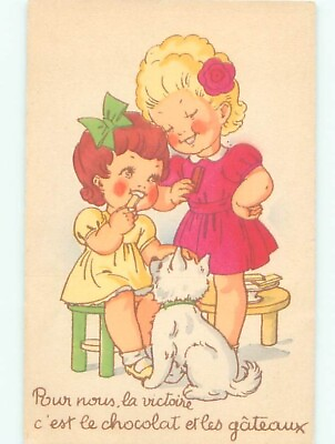#ad foreign Pre 1980 DOG WATCHES GIRLS EAT CHOCOLATE : make an offer AC6866 C $2.75