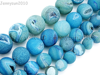 #ad Natural Druzy Quartz Matte Blue Agate Gemstone Round Beads 15.5quot; 10mm 12mm 14mm $6.29