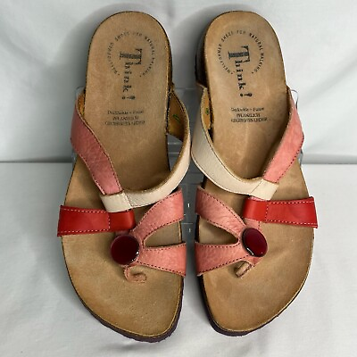 #ad Think Sandals Casual Strappy Pink Leather Slides US Size 6.5 EUR 37 $19.99