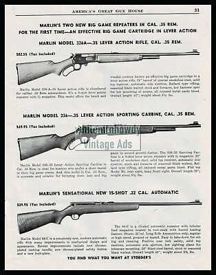 #ad 1951 MARLIN 336A Rifle and 336 Sporting Carbine 15 Shot .22 Automatic PRINT AD $10.98
