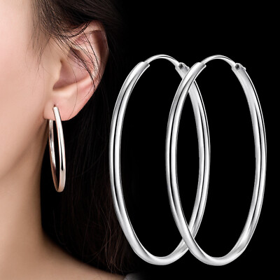 #ad 925 Sterling Silver Round Circle Hoop Earrings Womens Fashion Jewelry 3 4 5 6CM $5.99