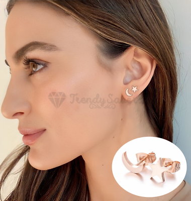 #ad Girls Charming Stud Earrings Moon Star Shaped Rose Gold Plated Surgical Steel UK GBP 3.99