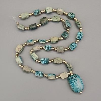 #ad Scarab Necklace Egyptian Ceramic Bead Blue Insect Pendant Gold Tone Handmade 28quot; $34.95