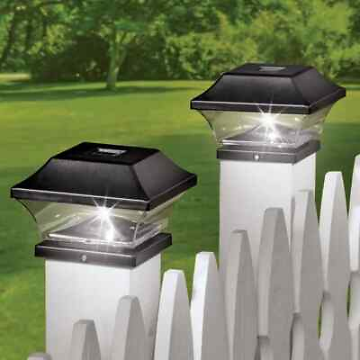 #ad Set of 2 Solar Powered LED Classic Black Garden Fence Post Cap Lights $26.99