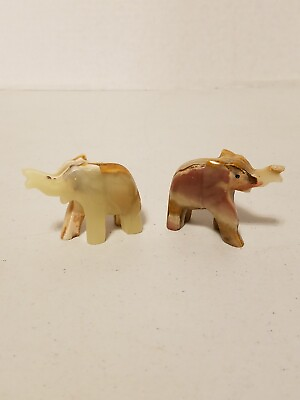 #ad Set of 2 Onyx Marble Elephants Hand Carved Multi Tone Figurines Trunks Up $12.88