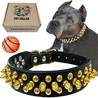#ad TEEMERRYCA Black Leather Dog Collar with Gold Spikes for Small Medium Large P... $25.05