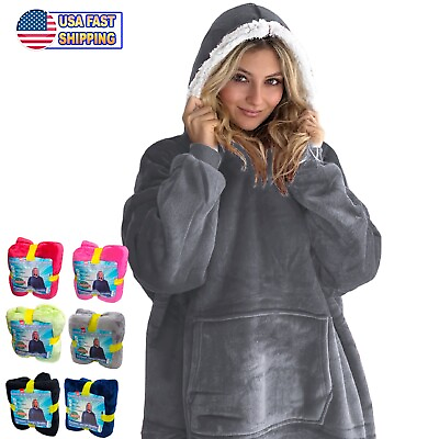 #ad Soft Hoodie Sherpa Fleece Blanket Sweatshirt Large Pocket Reversible Ultra Comfy $20.95