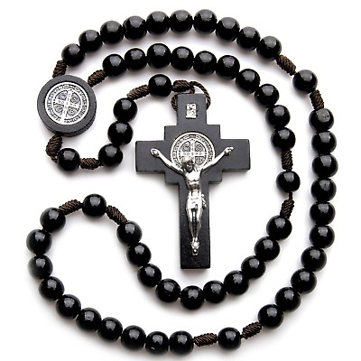 #ad Black Wood Rosary Beads Catholic St Saint Benedict Intercession Men Strong Cord $19.00