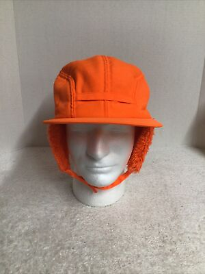 #ad Vintage Winchester Blaze Orange Hunting Mens Size L Hat Cap Ear Flaps Brim $19.95