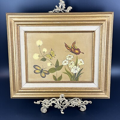 #ad Vtg Original Oil Painting Still Life Flower Butterflies Artist Signed Wood Frame $45.99