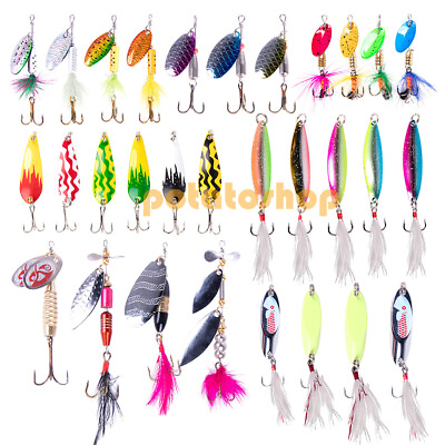 #ad 30pcs Metal Mixed Spinner Fishing Lure Fish Hook Bass Sea Fishing Feather In Box GBP 19.29