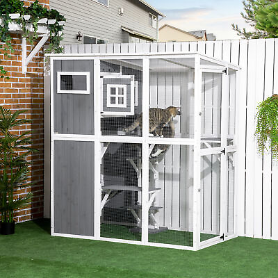 #ad PawHut Outdoor Cat House Walk in Wooden Catio w PVC Roof for 2 Cats $369.99