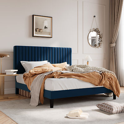 #ad Full Queen King Upholstered Platform Bed Frame Adjustable Headboard Blue $165.99