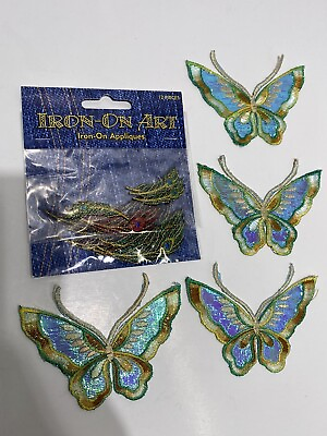 #ad Iridescent Blue Butterfly Iron On Applique Patch Lot and Small Peacock Feathers $9.99