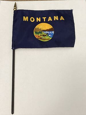 #ad New Montana State Mini Desk Flag Black Wood Stick Gold Top 4” X 6” $8.00